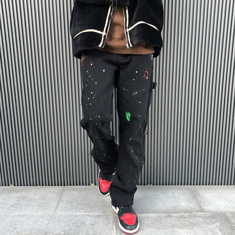 Ddbos Streetwear Graffiti Cargo Flared Jeans Khaki Black Splash Ink Wide Leg Denim Pant Hip Hop Cargo Trousers Jean Men