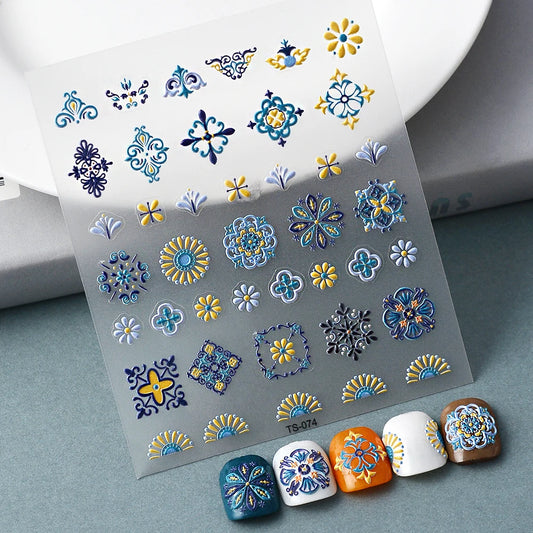 Ddbos 1PCS Bohemian Style 5D Nail Stickers Press on Nails Embossed Symphony Butterfly Flower Stickers Nail Decoration Decals