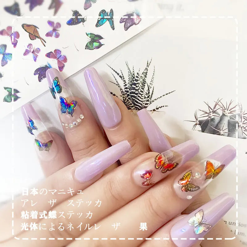 1Sheet Laser Color Butterfly Nail Art Stickers Holographic 3D Gradient Butterflies Adhesive Nail Decals DIY Manicure Decorations