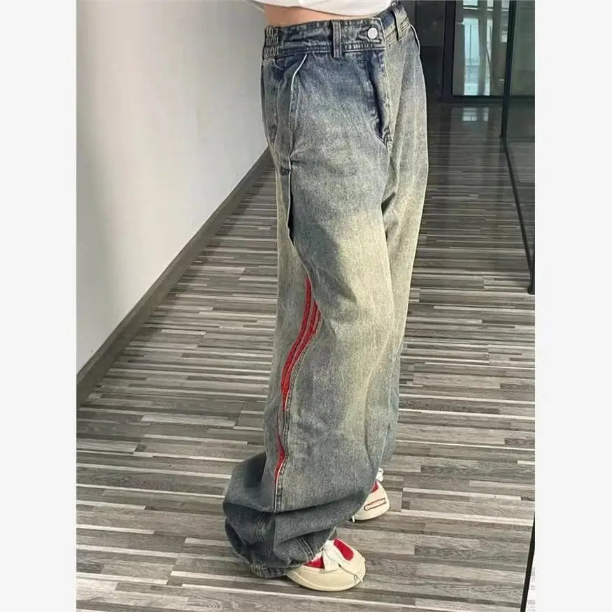 Ddbos American Hip-hop Retro Jeans for Men and Women Loose and Trendy Straight Leg Striped Patchwork Casual Washed Wide Leg Pants