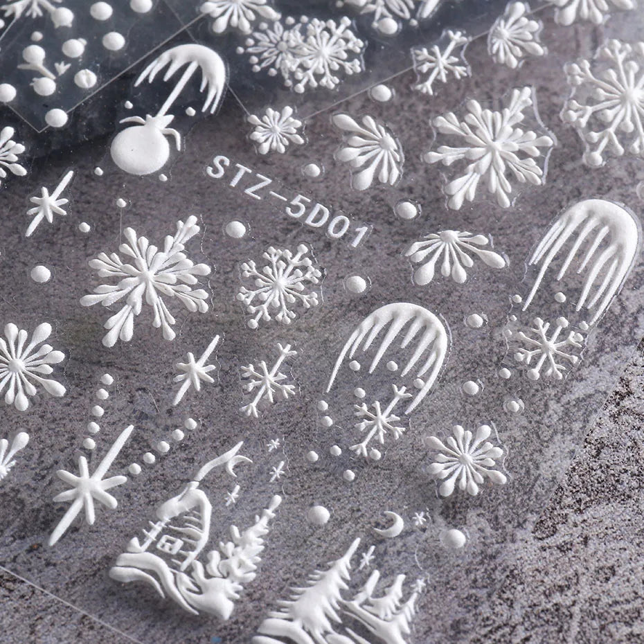 5D Snowflake Embossed Nail Sticker White Elk Tree Carved Santa Claus Christmas Nail Glitter Slider 2023 Winter Nail Accessories