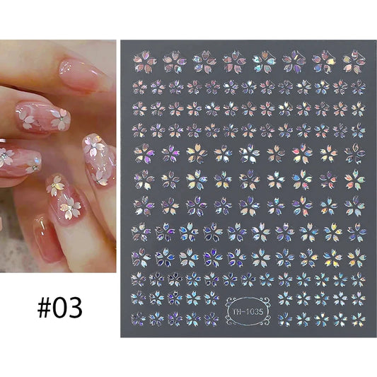 Ddbos 3D Laser Sakura Flower Nail Sticker Aurora Decals Glitter Star Butterfly Floral Adhesive Sliders Cherry Blooming Manicure