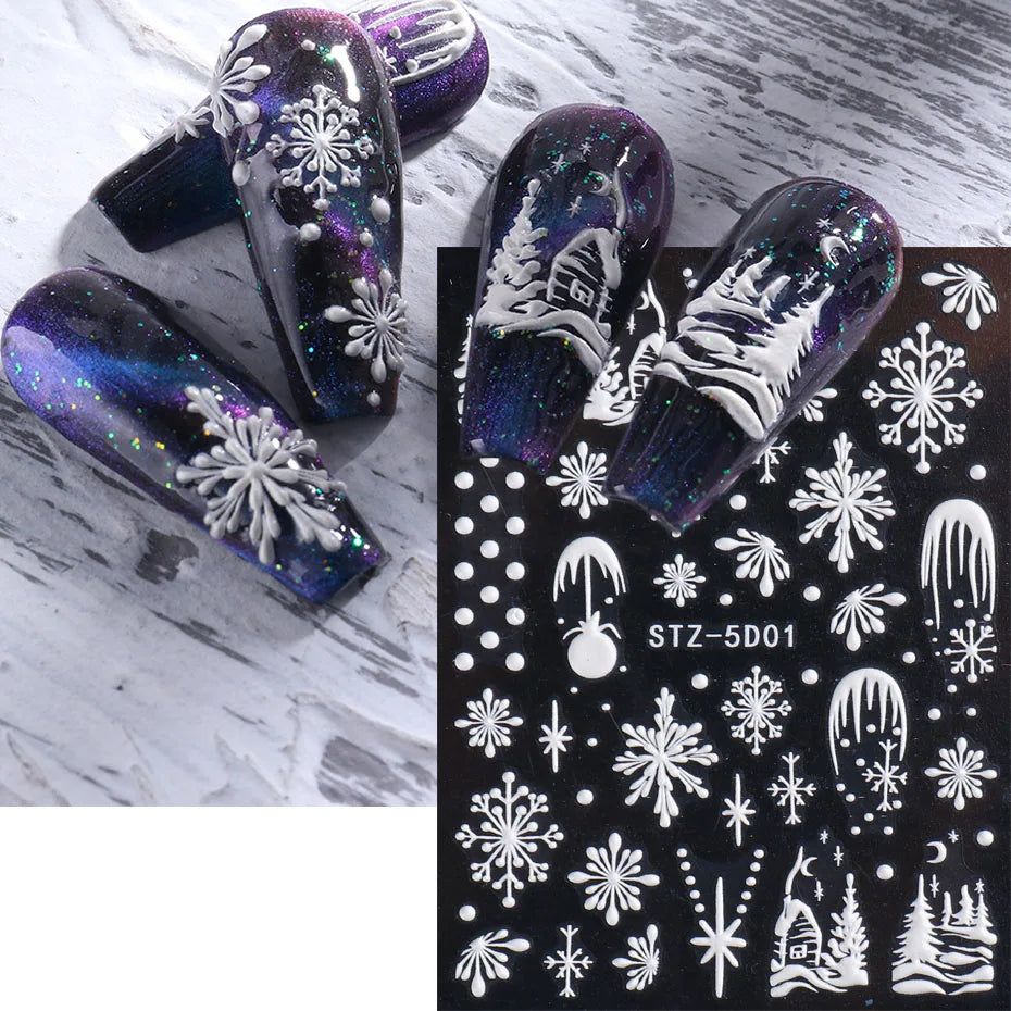 5D Snowflake Embossed Nail Sticker White Elk Tree Carved Santa Claus Christmas Nail Glitter Slider 2023 Winter Nail Accessories