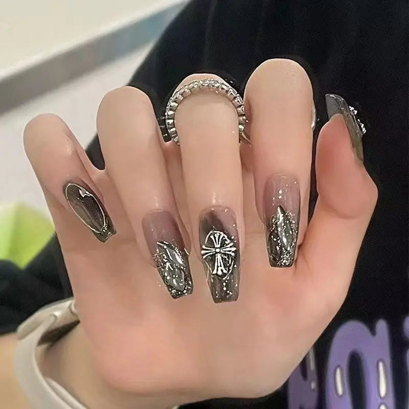 Ddbos Black Square Press On Nails with 3D Cross Designs - Full Cover Acrylic False Nails for Women and Girls Detachable Long Fake nail