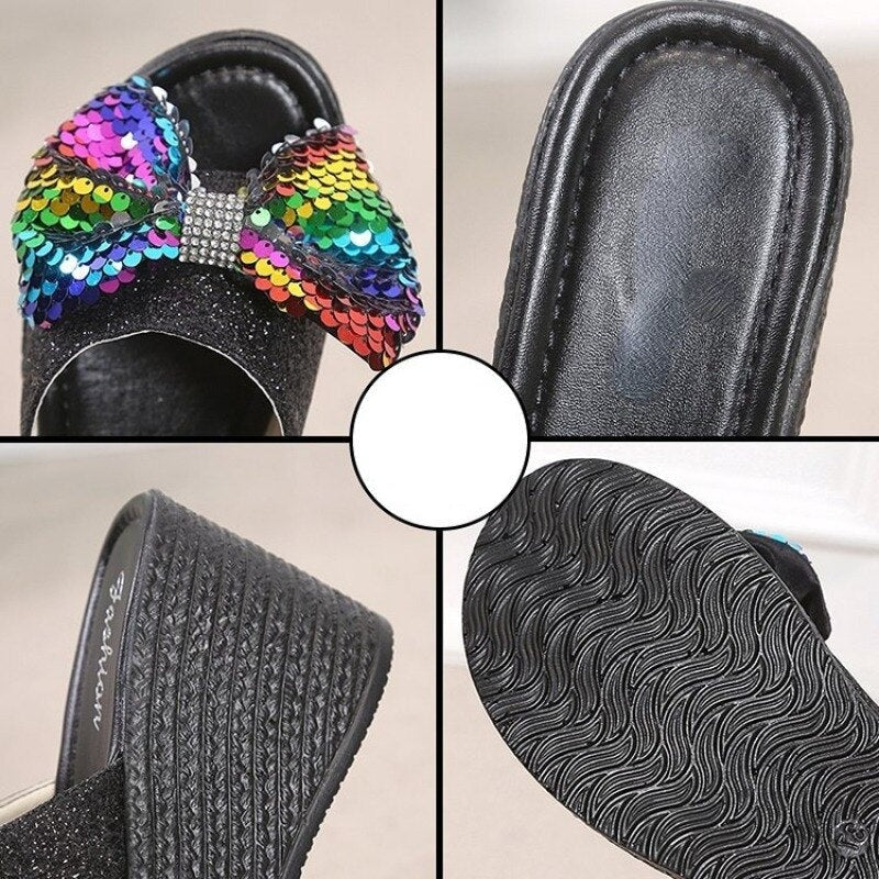 Ddbos Plus Size Slippers Women Fashion Sequin Bow High Heel Sandals Women Sexy Platform Shoes Women Outdoor Casual Slippers Women