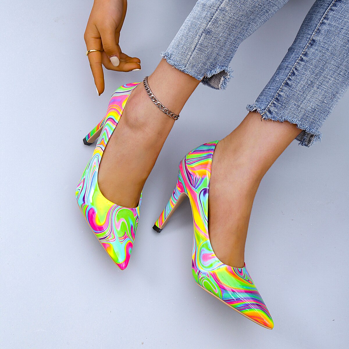 Ddbos High Heels Shoes Women New Spring Design Color Printing Pointed Thin High Heel Shallow Sexy Patent Leather Woman Single Shoes