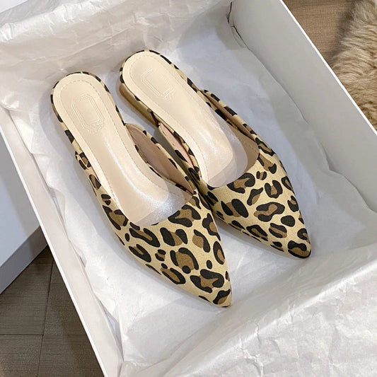 Ddbos 2024 Summer New Women's Fashion Slippers Pointy Leopard Print Design Light and Thin Low Heel Black Design Casual Shoes