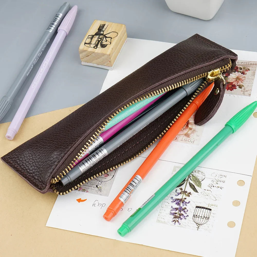 Natural Leather Zipper Pen Pencil Case Bag Pebbled Grain Leather Creative School Stationary Large Capacity Accessories Pen Pouch