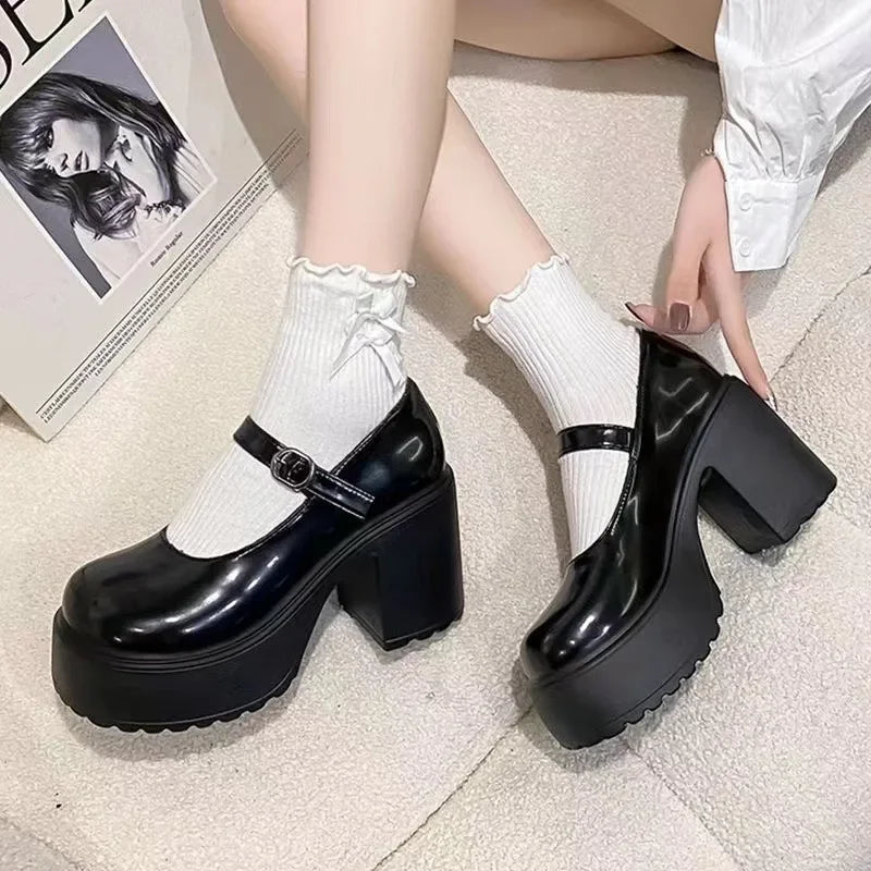 Ddbos Shoes Female Mary Janes Women's High Heels Platform Dress Pump Women Shallow Buckle Strap Round Toe Chunky Heel Shoes Women