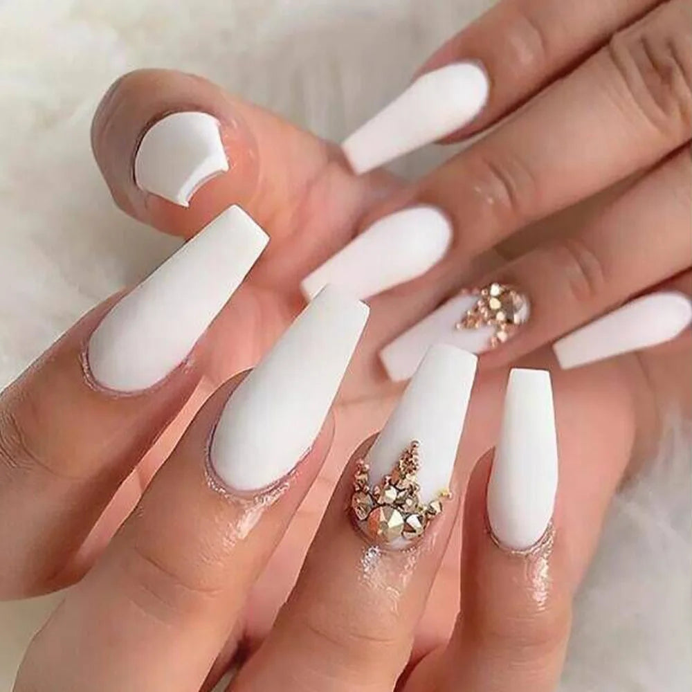 24 Pcs Medium Long Ballerina Press On Nails White Fake Nails With Rhinestone matte Reusable Artificial False Nails For Women