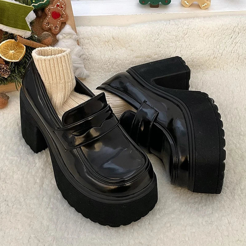 Ddbos Gothic Chunky High Heels Pumps for Women 2024 Spring Patent Leather Platform Loafers Woman Black Thick Heeled Jk Lolita Shoes