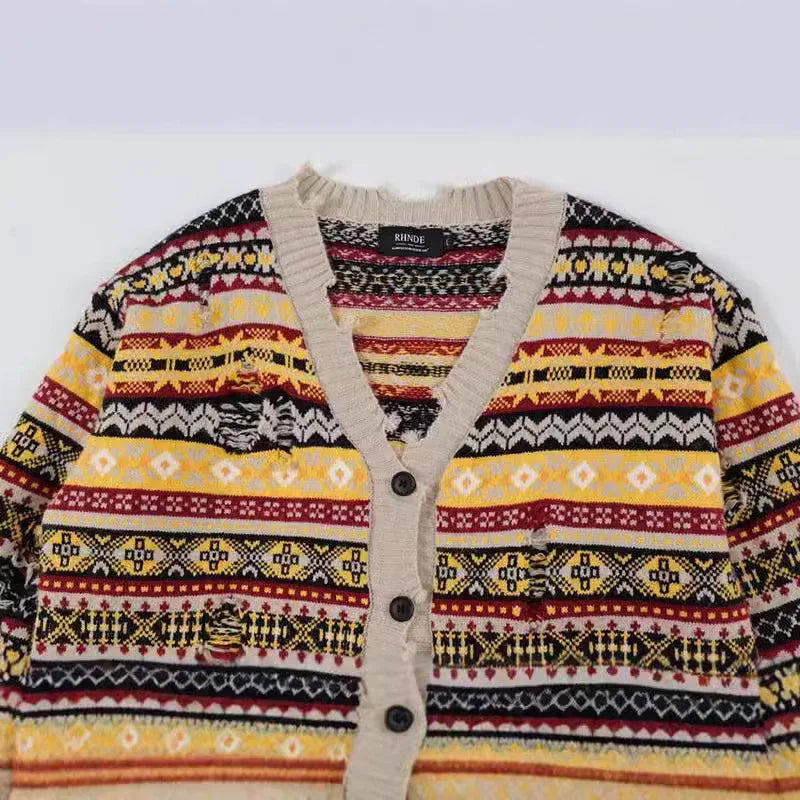 Ddbos Retro Rainbow Striped Cardigan Sweater Men's Autumn New Trendy Su Outwear Y2k Knitwears Oversize Raw Edges Frayed Sweatercoat