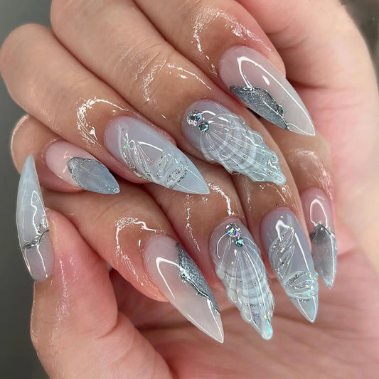 24Pcs Water-drop Almond Fake Nails Sharp Nails Set  Press on Stiletto Glitter Silver False Nails Wearable Full Cover Nail Tips