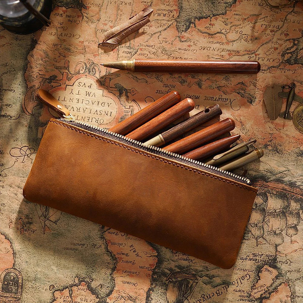 Ddbos BACK TO SCHOOL Vintage Genuine Leather Zippered Pencil Case Cowhide Stationery Organizer Pen Holder Writing Utensil Pouch Travel Accessory Bag