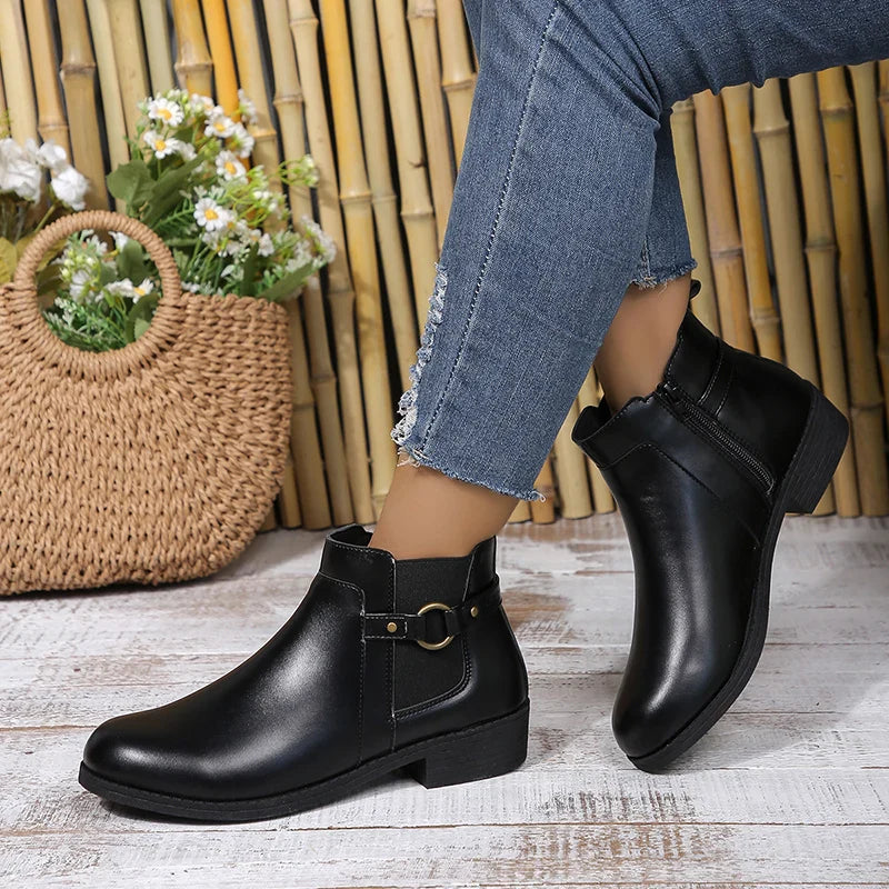 Ddbos Pu Leather Classics Black Thick Heel Ankle Boots Metal Zipper Low Platform Woman Shoes Winter Round Toe Slip On Short Boots