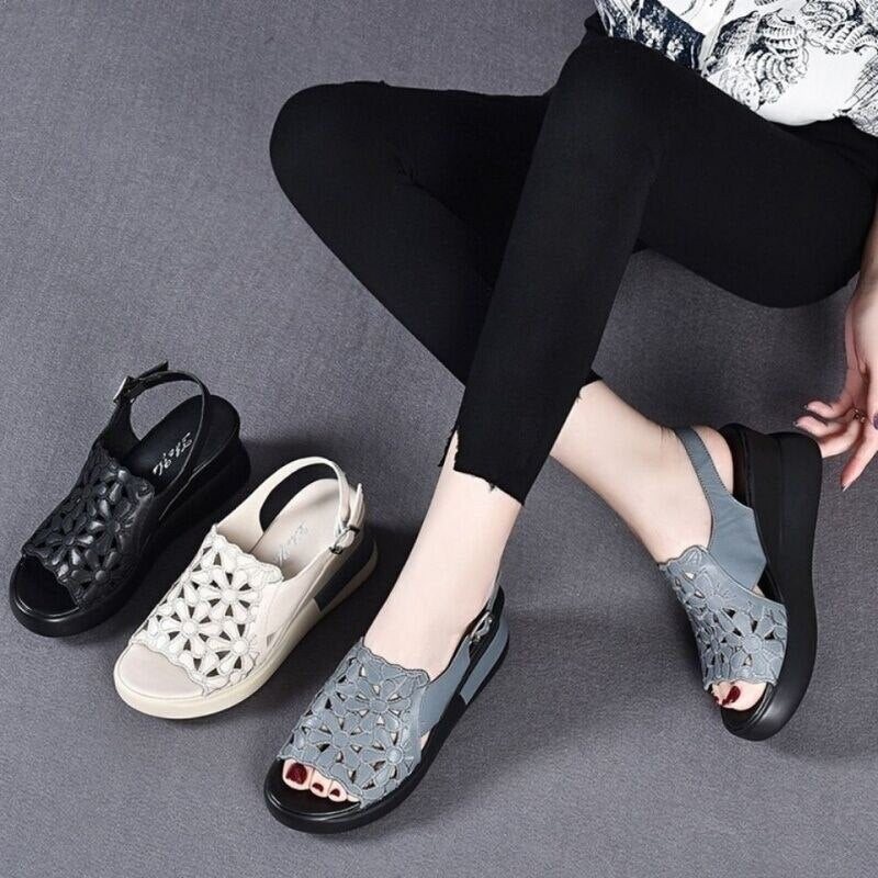 Ddbos Summer Wedge Shoes for Women Sandals Open Toe Platform Hollow Flowers Retro Lady High Heel Buckle Strap Casual Female Sandalias