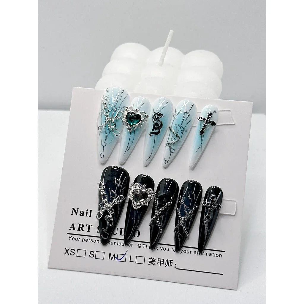 Y2K Handmade Nail Blue Black Love Chain Nail Elements Cool Droplet Type Wear Nail Art Dazzling Fake Nails Patch Girl Gift