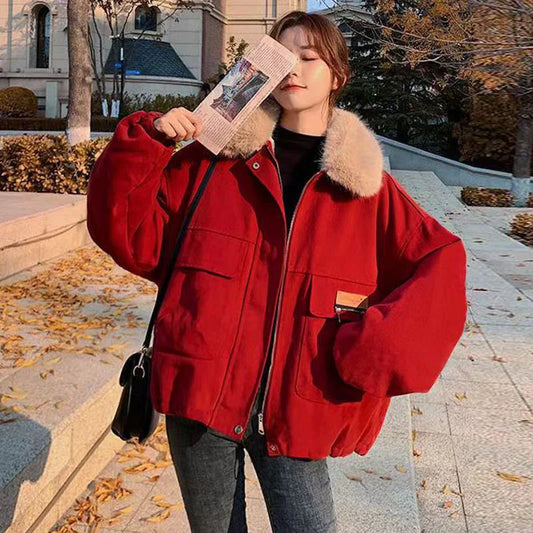 Ddbos Korean Thick Fleece Women Winter Jacket Fashion Loose Warm Plush Parkas Female Elegant Lapel Zipper Pocket Velvet Coat