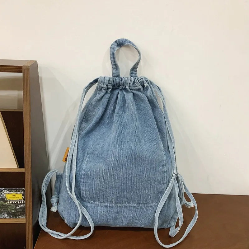 Ddbos Mochila Washed Drawstring Canvas Bag for Women's Retro Fashion Travel Backpack Unisex Solid Color Denim Backpack