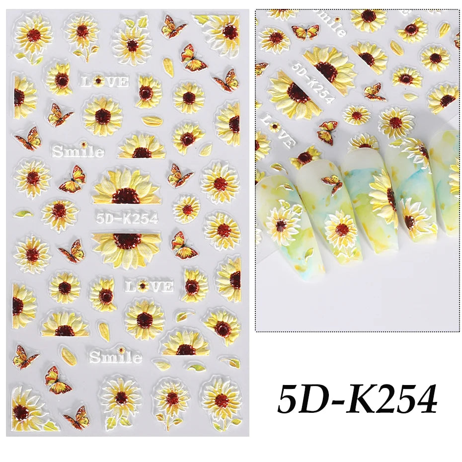 5D Yellow Sunflower Embossed Nail Sticker Acrylic Flower Leaf Bee Butterfly Summer Engrave Gel Polish Manicure Slider Decoration