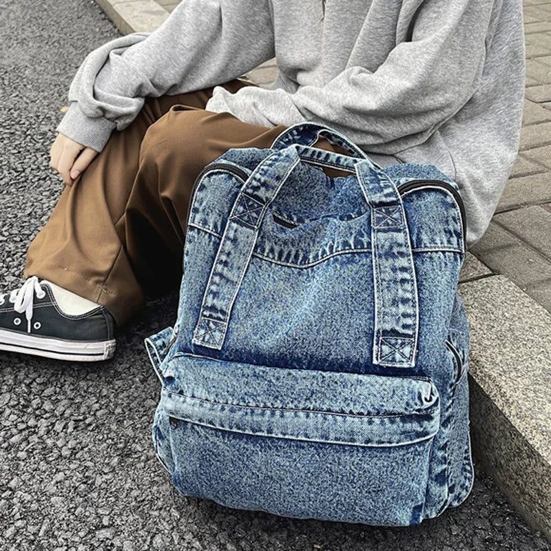 Ddbos Denim Backpack For Women And Men Casual Large Capacity Laptop Bagpack College Student School Bags Book Fashion Blue Travel bolsa