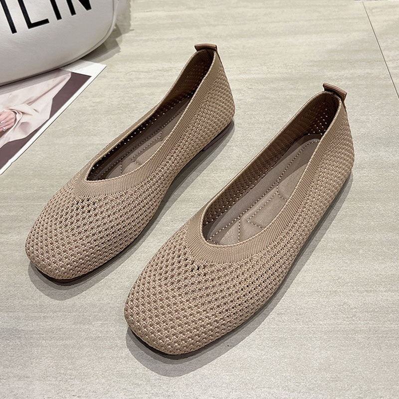 Ddbos Knit Mesh Flat Shoes Women Summer Breathable Stretch Ballet Flats Moccasins Square Toe Loafers Slip on Dress Shoes Sneaker