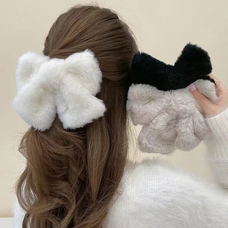 Ddbos Winter Cute Plush Bowknot Hairpin Women Korean Simple Solid Color Bow Hair Clips Large Barrette for Girls Hair Accessories