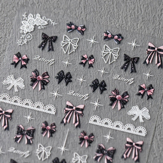 Pink Black Bowknot Retro White Lace Rose 5D Embossed Reliefs Self Adhesive Nail Art Stickers Vintage Manicure Decals Wholesale