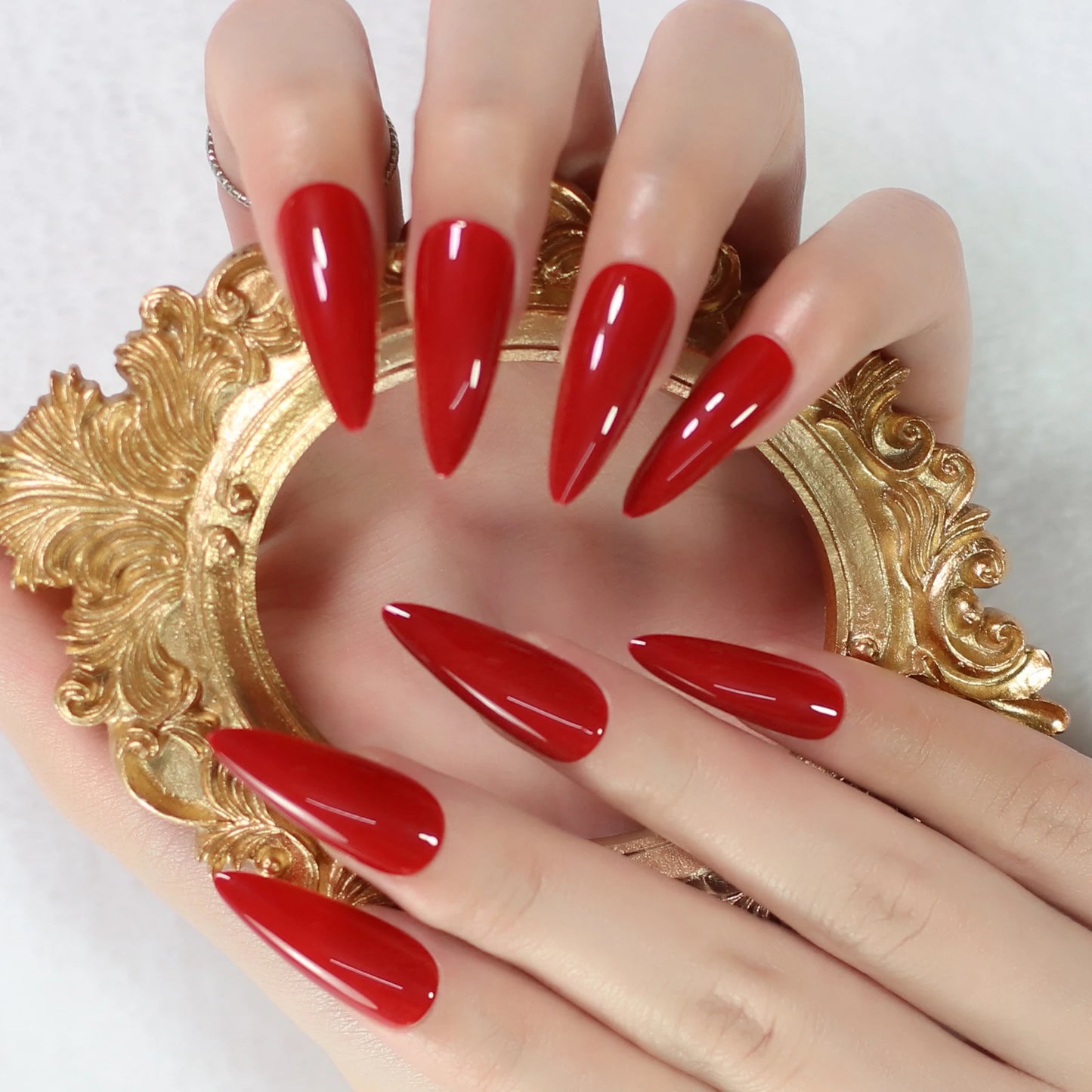 Stiletto Mirror Red Light Gossy Red Color Fingernails Sharp Fake Nails Art Medium Size Press On Nails Wholesale With Tabs