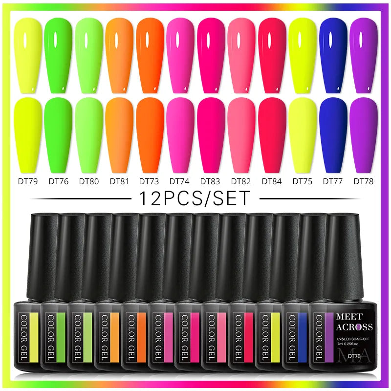 Ddbos 12Pcs Fluorescent Gel Nail Polish Set 7ML Neon Vernis Semi Permanent Soak Off UV Led Hybrid Gel Varnishes Base Top Coat Kits