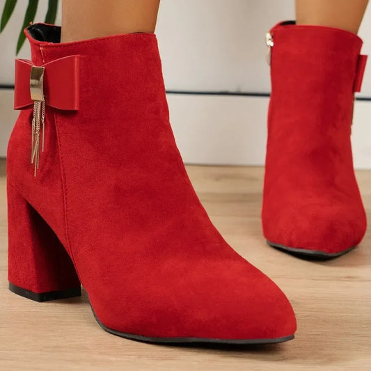 Ddbos Ankle snow outfits Boots for Women Winter New Suede Red Women's Boots Comfortable Chunky Platform High Heels Ladies Elegant Dress Shoes