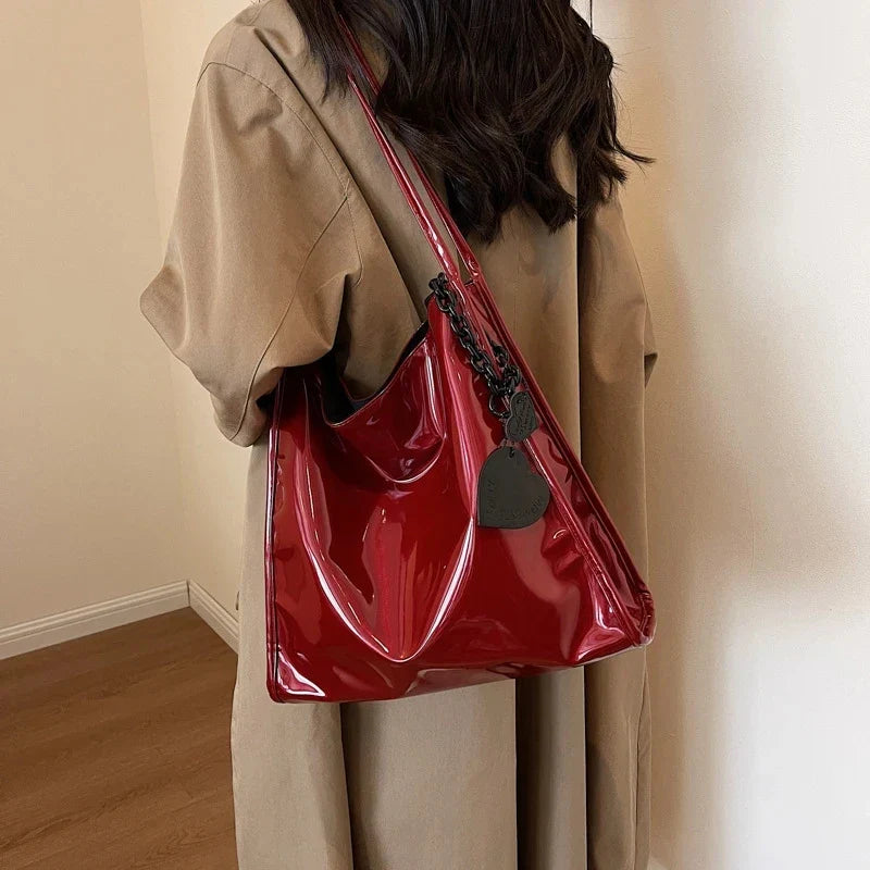 Ddbos Red Patent Leather Large Capacity Tote Bag Classic Texture Shoulder Underarm Bag Lady 2024 Fall Winter New Fashion Commuter Pack