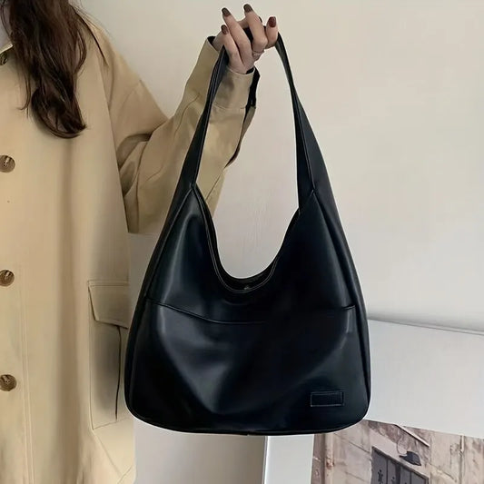 Women Hobo Bag Simple PU Leather Solid Shoulder Bag Fashion Large Capacity Handbag For School Work