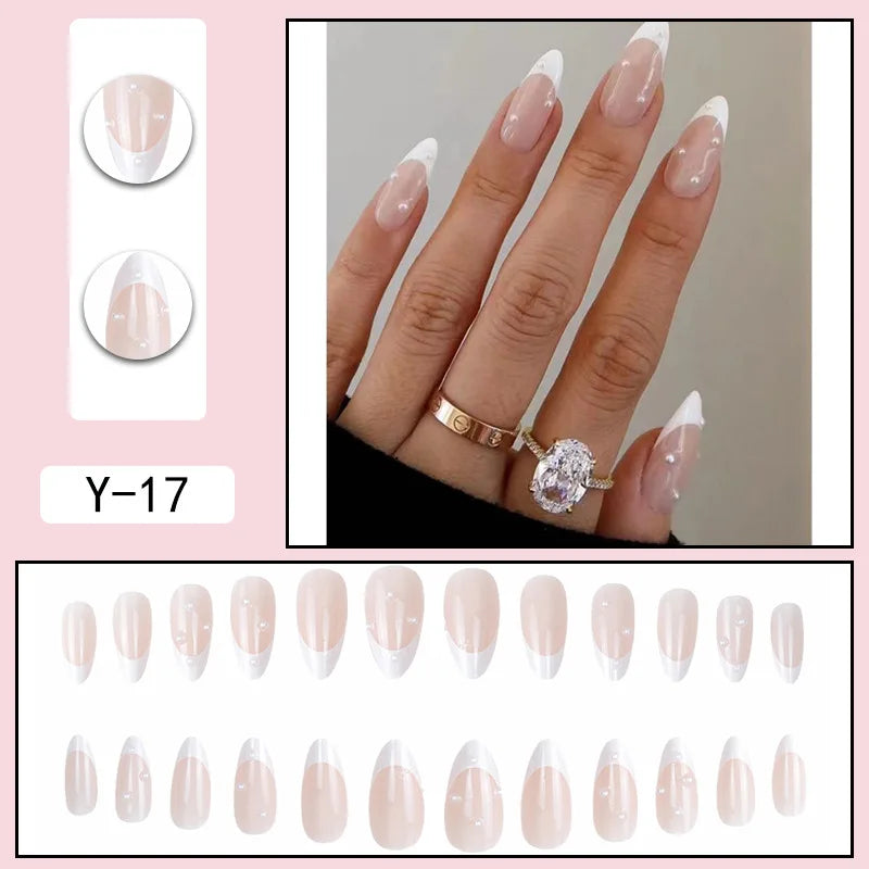 Ddbos 24pcs French Point Diamond Fake Nails Wearing Artificial Square Head Press On Acrylic Nail Art Pearl Patch Almond False Nails
