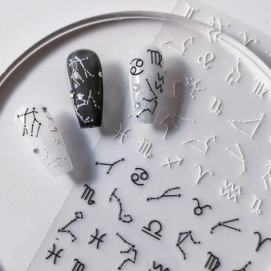 5D Realistic Relief Black White Colorful The Zodiac Twelve Constellations Adhesive Nail Art Stickers Decals Manicure Ornaments