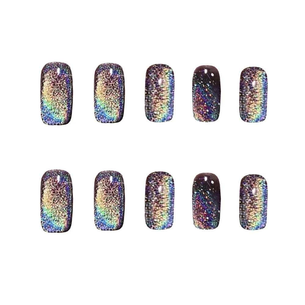 24pcs Aurora False Nail Cat Eye Black Fake Nail Full Cover Glitter Coffin Press on Nail Bride Lady Manicure Acrylic Nail Tip