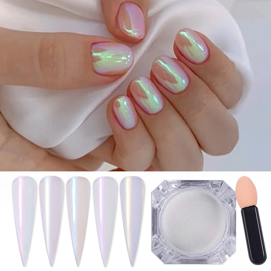 Mirror Nail Powder Pigment Pearl White Rubbing on Nail Art Glitter Dust Chrome Aurora Blue Manicure  Nail Decorations