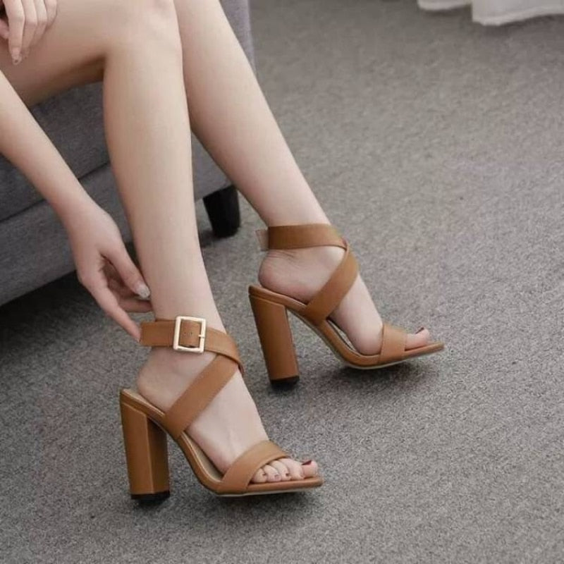 Ddbos Large Size Women's Shoes Sexy Cross Strap One Line Buckle Chunky Heels All-match Open Toe Roman Sandals Comfortable  Heels Women