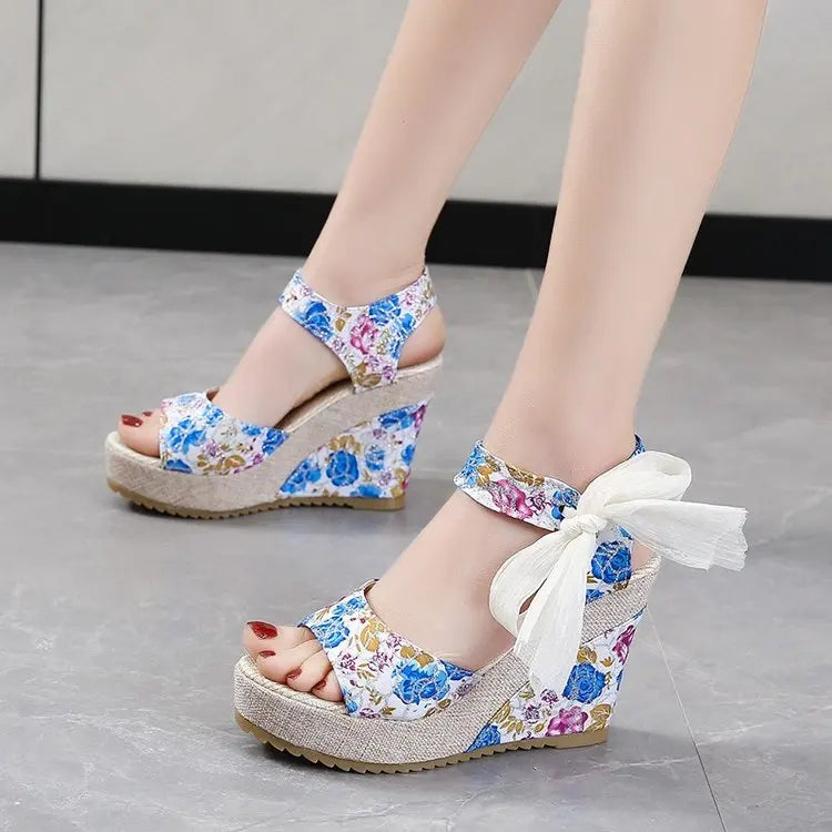 Ddbos Summer Beach Boho Floral Wedge Sandals Women Ankle Strap Platform Gladiator Shoes Woman High Heels Sandalias Mujer