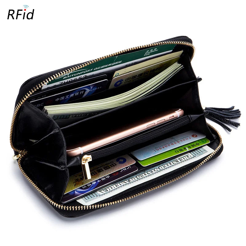 Ddbos Genuine Leather Women Solid Long Wallets Ladies Tassel Design Clutch Female Phone Money Bag Coin Zipper Purse Rfid Card Holder