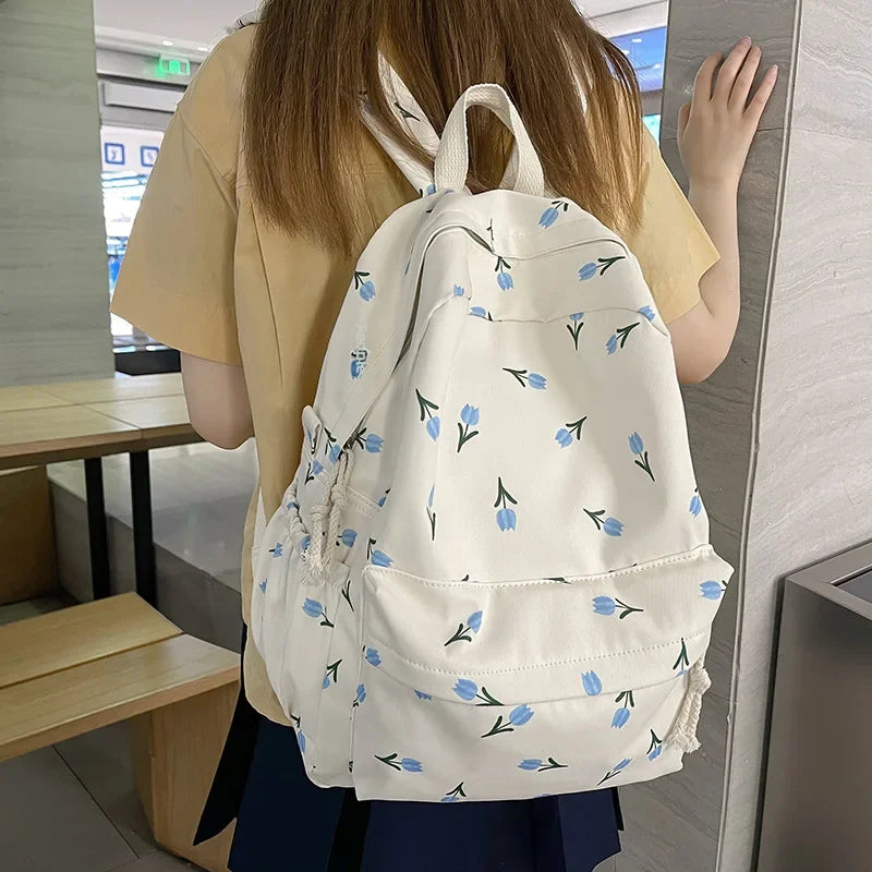 Ddbos BACK TO SCHOOL Japanese Style Fresh Floral Women's Middle School Bag Lightweight Nylon High School Big Student Bookbag Sweet Girlish Design