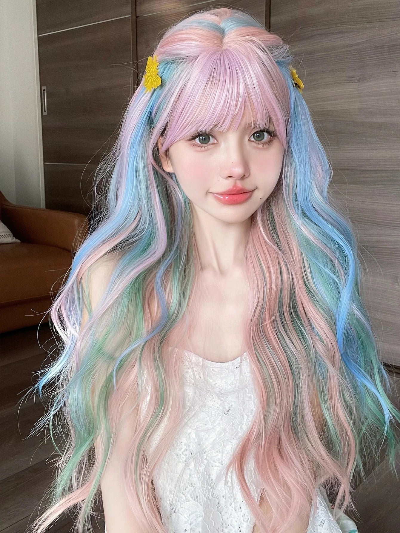 Ddbos 28Inch Iridescent Rainbow Color Multicolour Synthetic Wigs with Bang Long Natural Wavy Hair Wig for Women Cosplay Heat Resistant