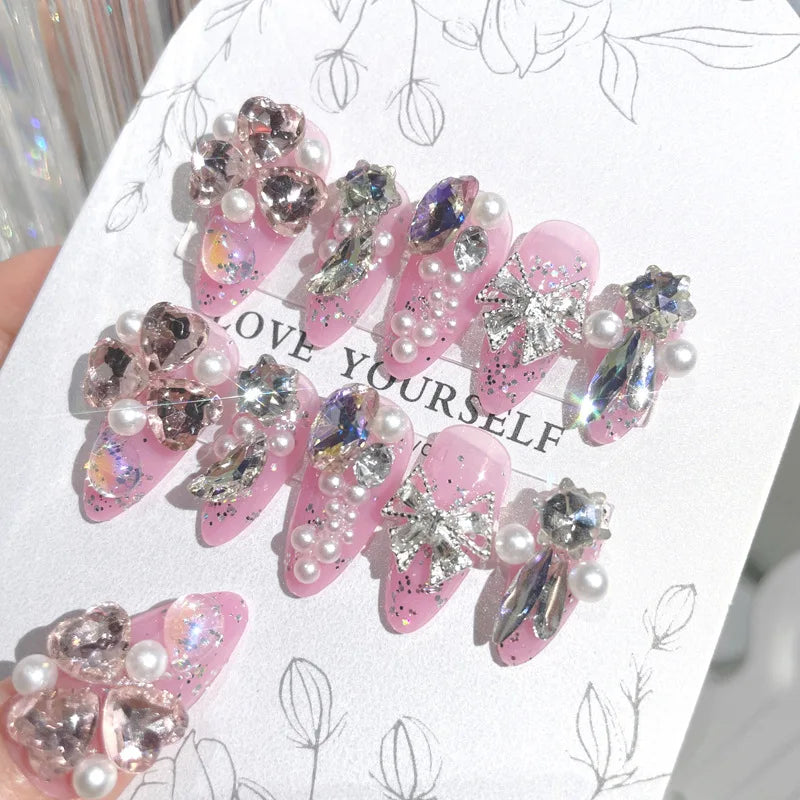 False Nails with Designs Acrylic Nail Crystal Pearl Lace Bowknot Press on Nails Shiny Bride Lady Sweet Korean Fake nails 24pcs