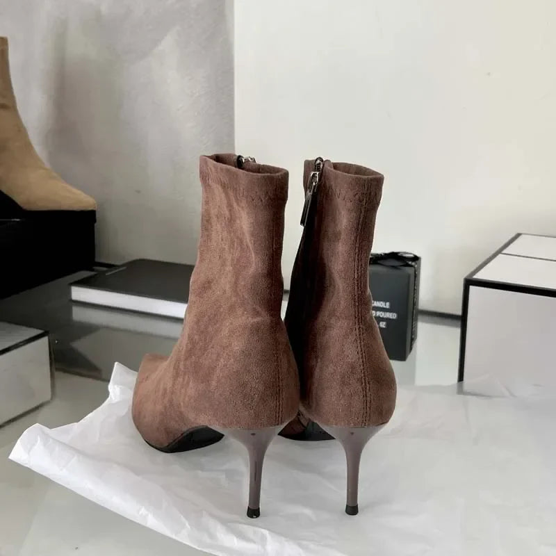 Ddbos Fashion Spring Autumn Sexy High Heels Pointed Toe Ankle Boots Woman Nightclub Party Shoes Zipper Short Booties