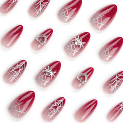 Gradient Red Fake Nail with Spider Web Pattern False Nails with Crystal Design Almond Press on Nail Tips Wearable