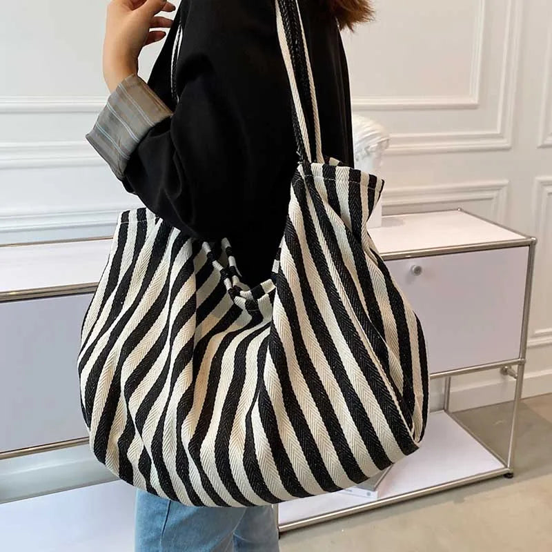 Ddbos Women's Tote Bag Striped Canvas Casual Handbags For Women Simple Shopping Large Capacity Woman Shopper School Shoulder Bag