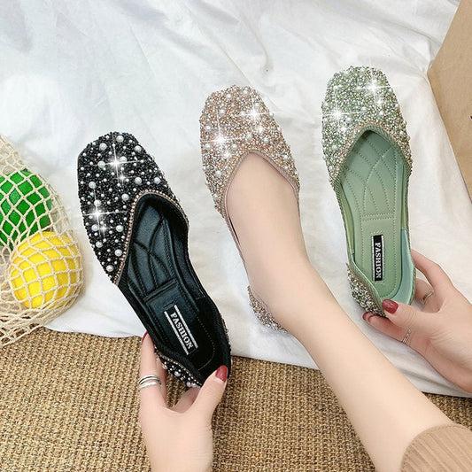 Glitter Crystal Pearl Pink Flats Ballet Shoes Women Moccasins Square Toe Slip on Summer Loafers Shallow Ballerina Flats Female