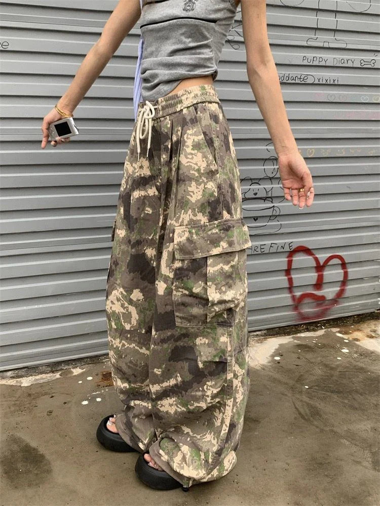 Ddbos Women's Camouflage Pattern Drawstring Design Thin Pants Girl Street Fashion Bottoms Female High Waist Straight Wide-leg Trousers