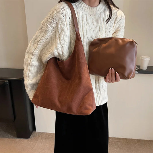 Ddbos Autumn and Winter Vintage Women's Bag Large Capacity Suede Shoulder Bag Solid Color Simple Casual Commuter Bag Retro Handbags