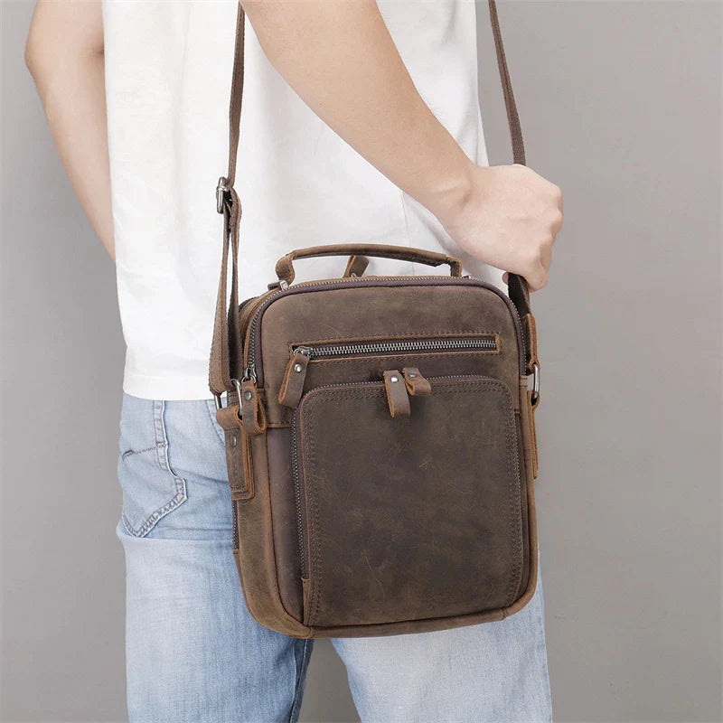 Ddbos Genuine Leather Men's Shoulder Bag Vintage Crazy Horse Skin Double Zipper Pocket Flap Messenger Bag Man Daily Handbag